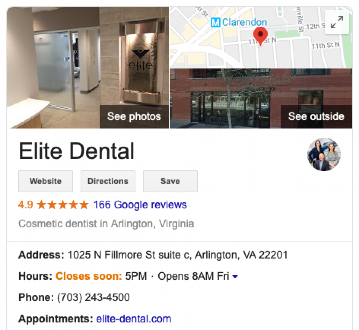 screenshot of Elite Dental Center's google profile