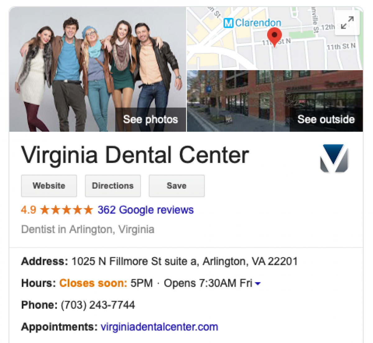 screenshot of Virginia Dental Center's google profile